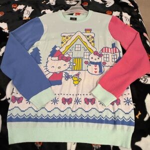 Hello Kitty Pastel Blue, Pink & Green Crew Neck Holiday Theme Sweater! EUC! Sz M